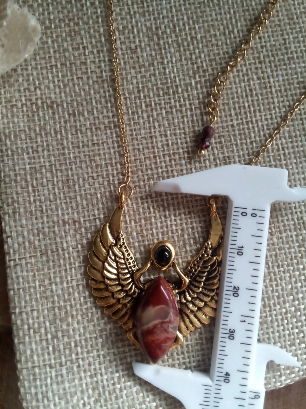 Winged Egyptian scarab beetle necklace with red jasper stone and black obsidian stone – photo 3
